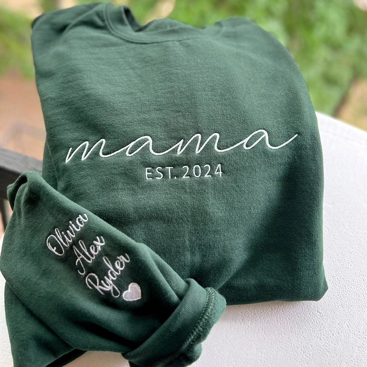 Custom Embroidered Mama Sweatshirt with Date and Kids Names on Sleeve
