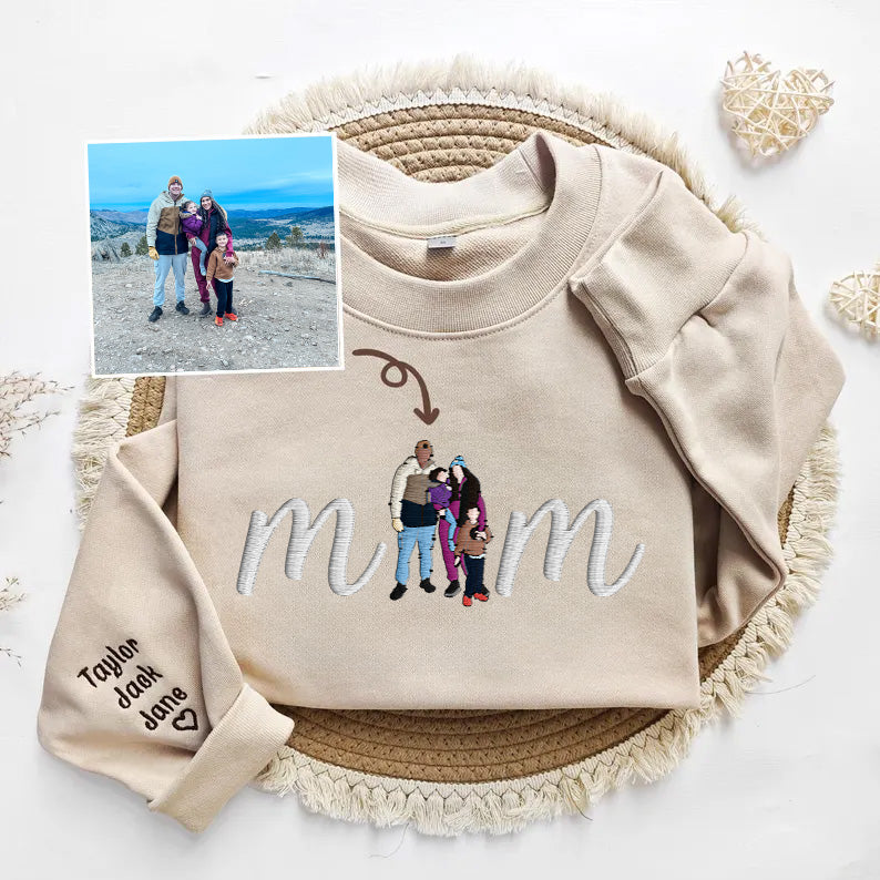 Custom Mum in Family Portrait Photo Full Embroidered Sweatshirt