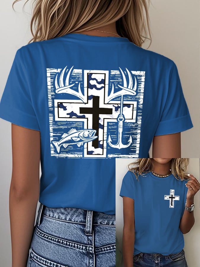 Women's Retro Faith Fishing Hunting Print T-Shirt