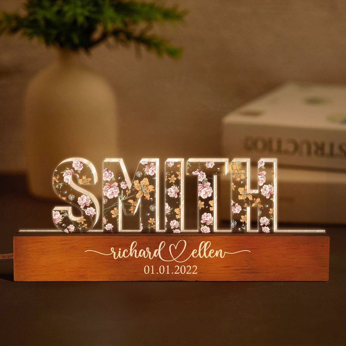 Mr & Mrs Family Name Wedding Anniversary Valentine's Day Gift for her & for him, Custom Flower Printed LED Night Light