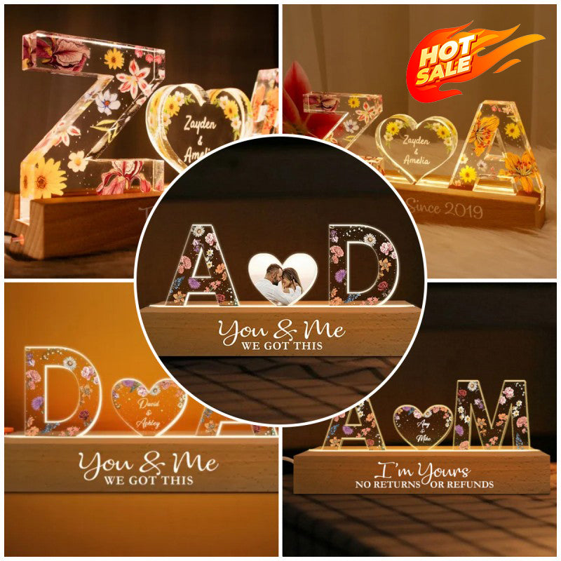 Couple Initials Floral Theme Anniversary Gift Personalized Acrylic Block LED Night Light