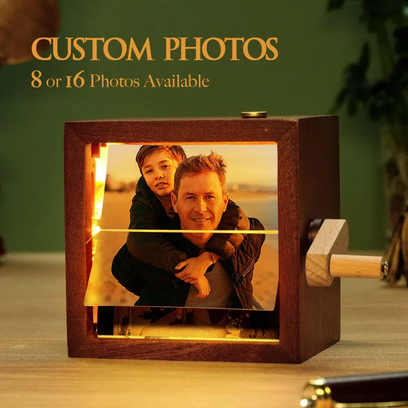 Custom Flip Book Frame Animation Machine Mechanical Hand-cranked Photo Album with Light Black Walnut Family Photo Cube Frame Creative Gift