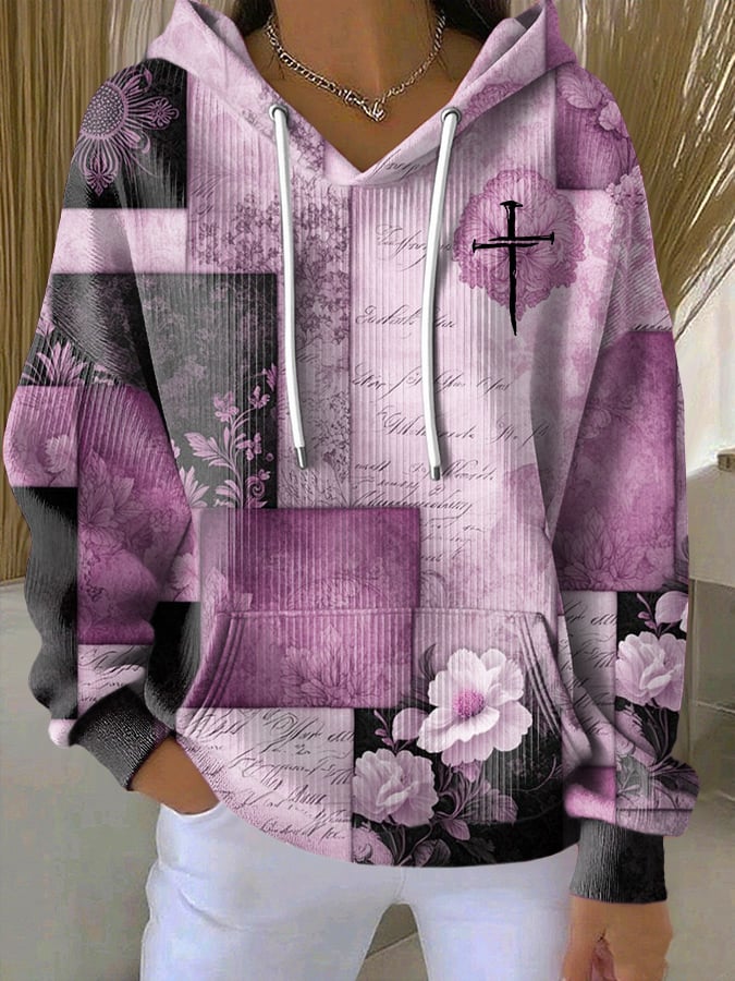 Women's Casual Retro Color Block Contrast Print Faith Texture Hoodie