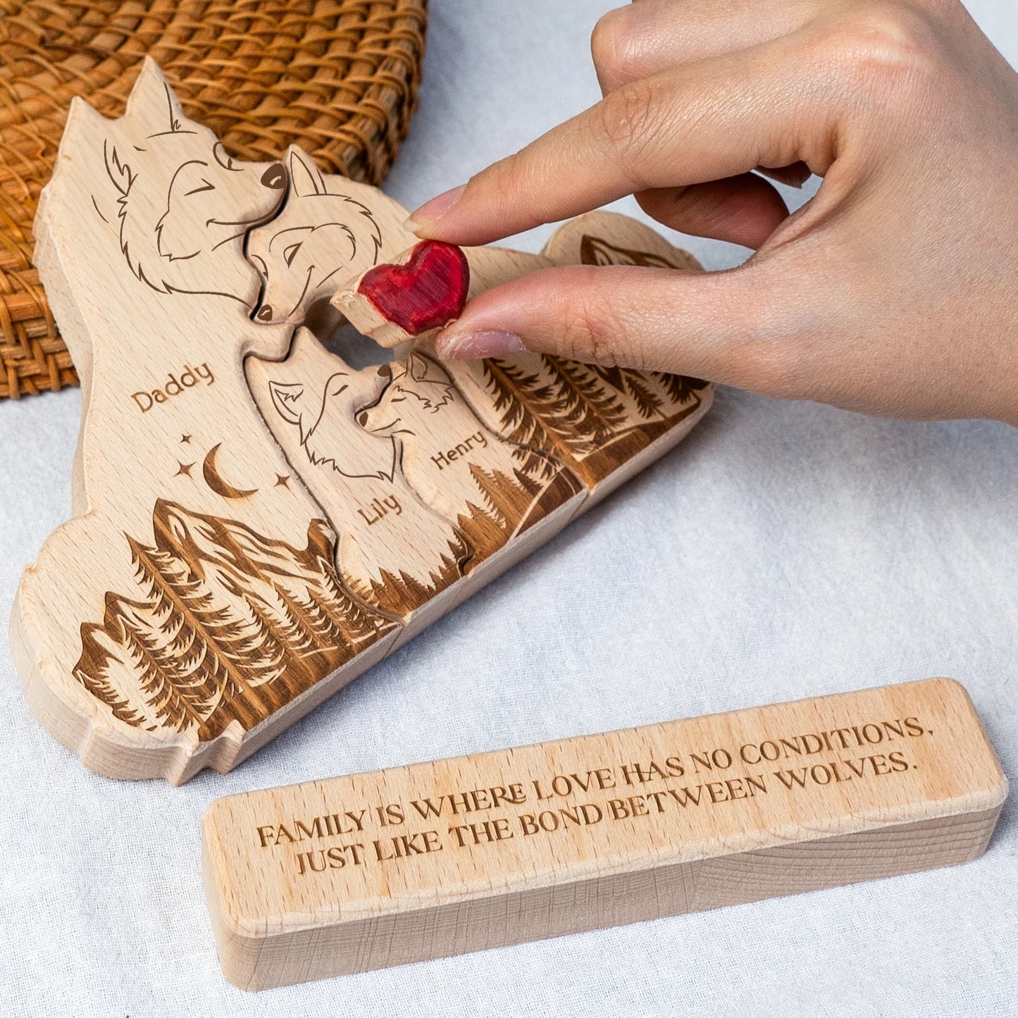 Wooden Wolf Family With Names - Personalized Wooden Wolf Family Puzzle
