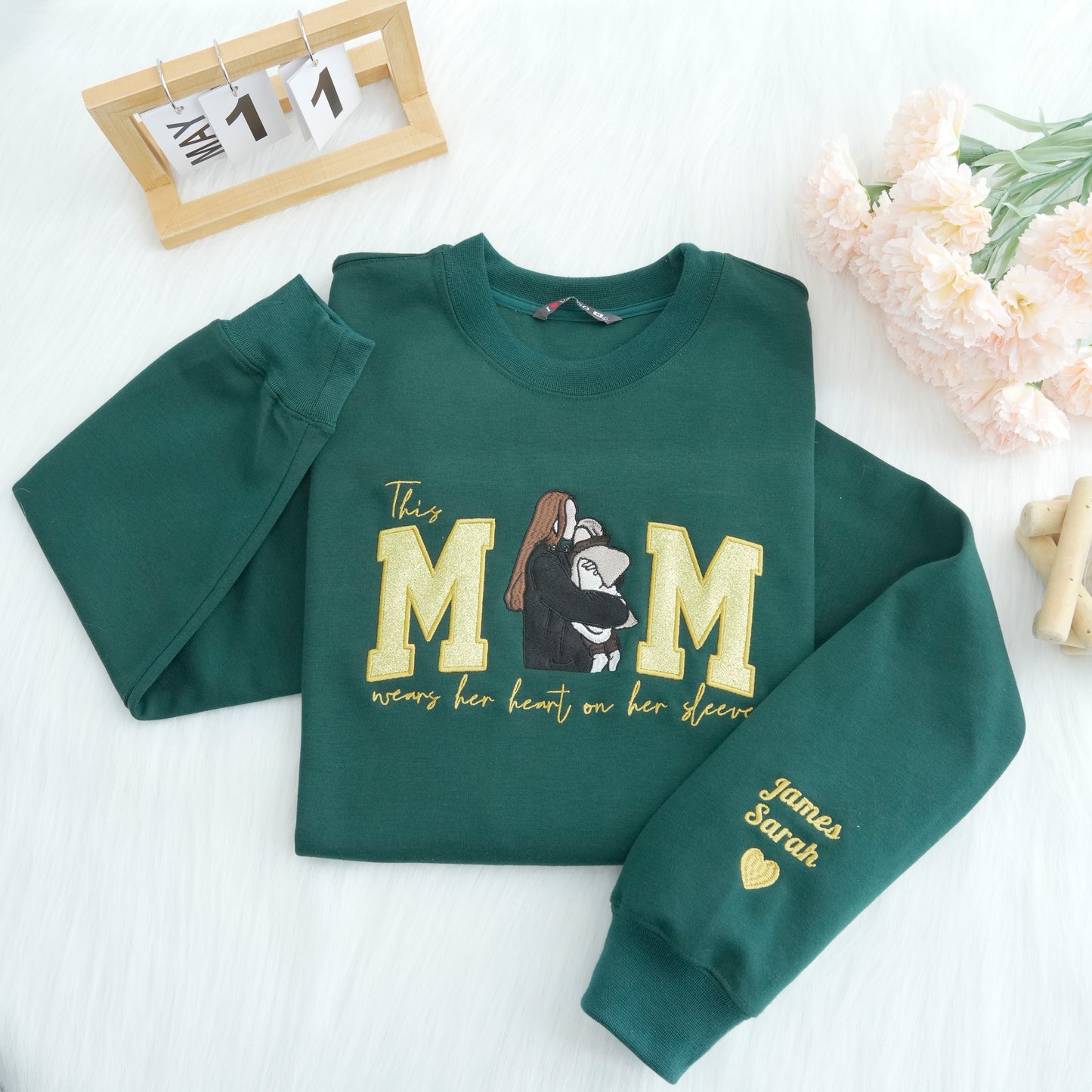Mom Wears Her Heart on Her Sleeves Custom Glitter Mama Sweatshirt with Photo Gift for Mom Nana