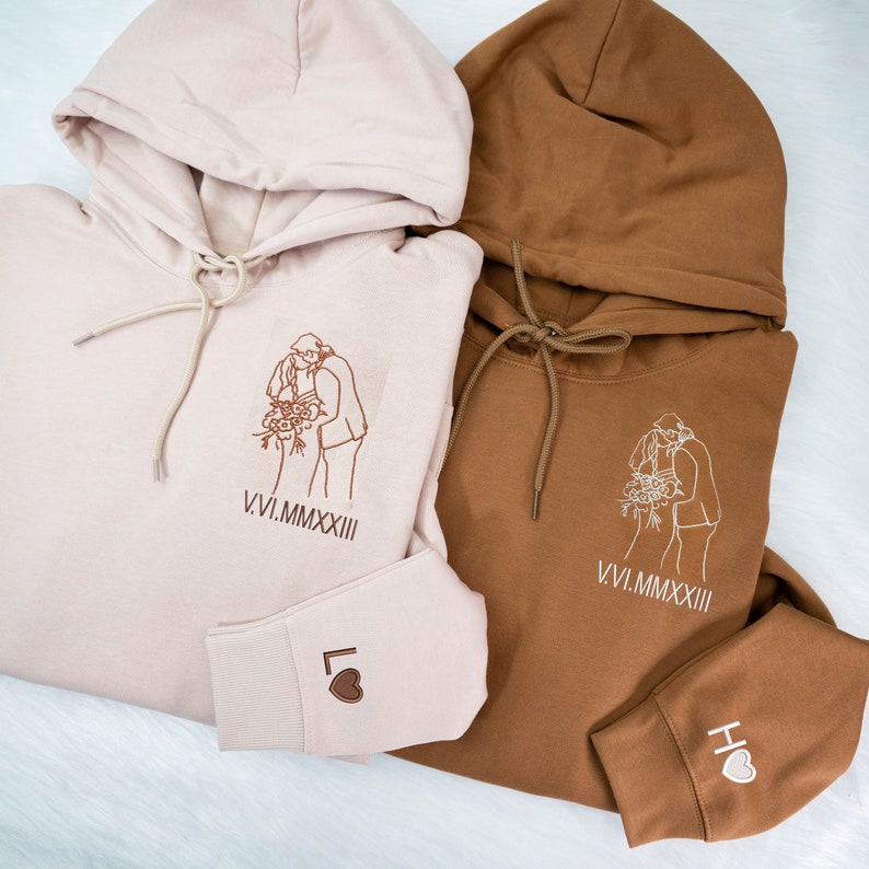 Personalized Outline Embroidered Portrait from Photo-Matching Couple Hoodie
