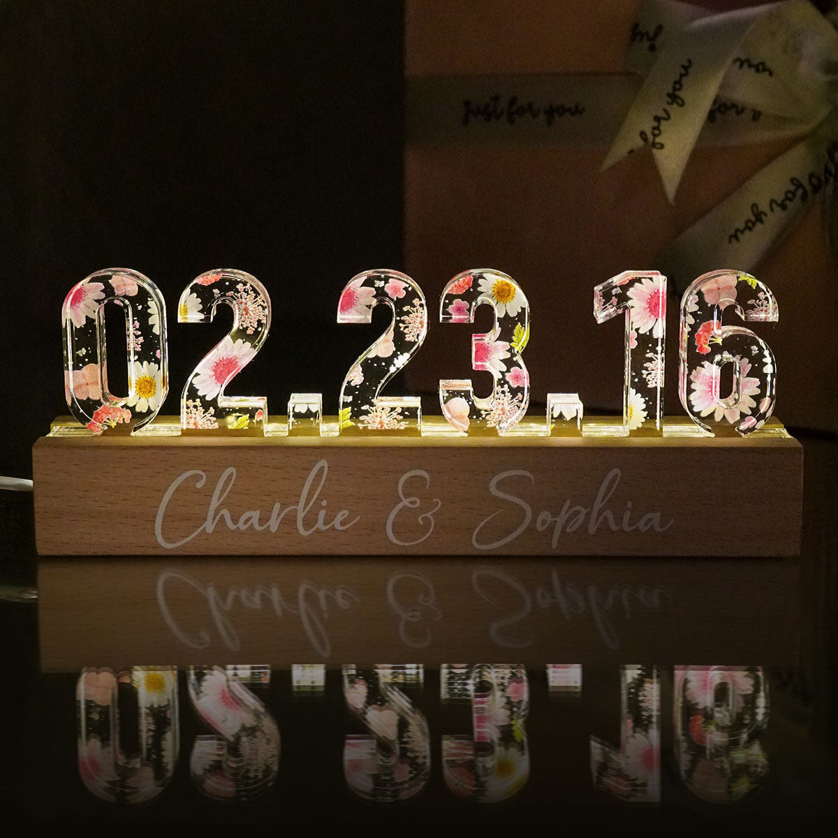 Couple Engagement Anniversary Date Flowers Personalized Custom LED Night Light, Gift for her, Gift for him