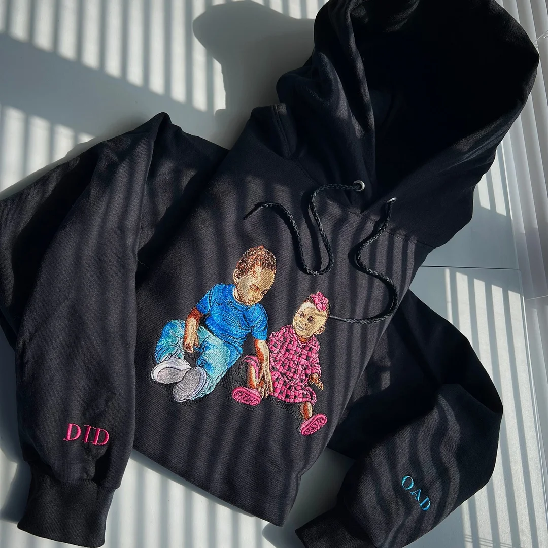 Loversdovey Custom Embroidered Hoodie Mama and Kids Portrait, Family Photo Sweatshirt