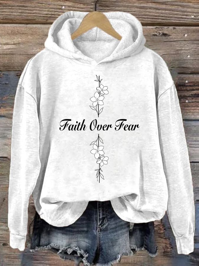 Women's Casual Faith Overcomes Fear Cross Hoodie