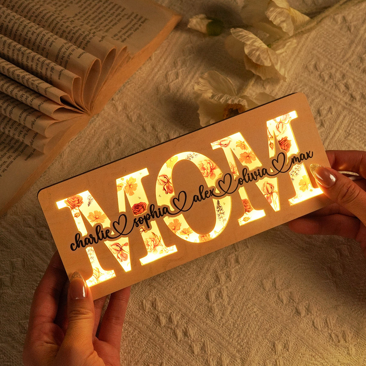 Personalized Mom Birth Month Flowers, Mother's Day Gift for Mom, Mom 2-Layer Wooden Plaque With LED