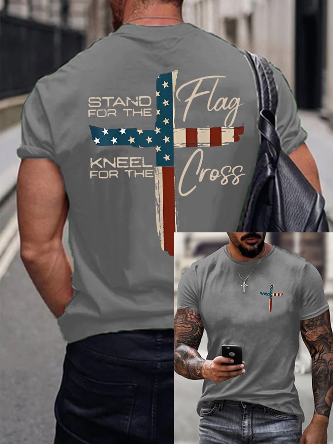 Men's Stand For The Flag Kneel For The Cross Printed Casual T-Shirt