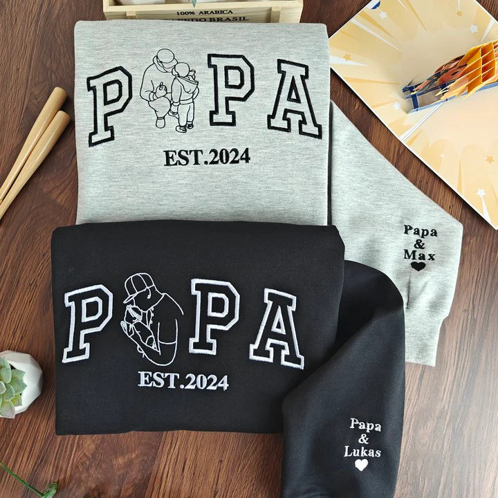 Custom Embroidered Papa & Child Portrait Sweatshirt – Personalized Photo Gift for Papa