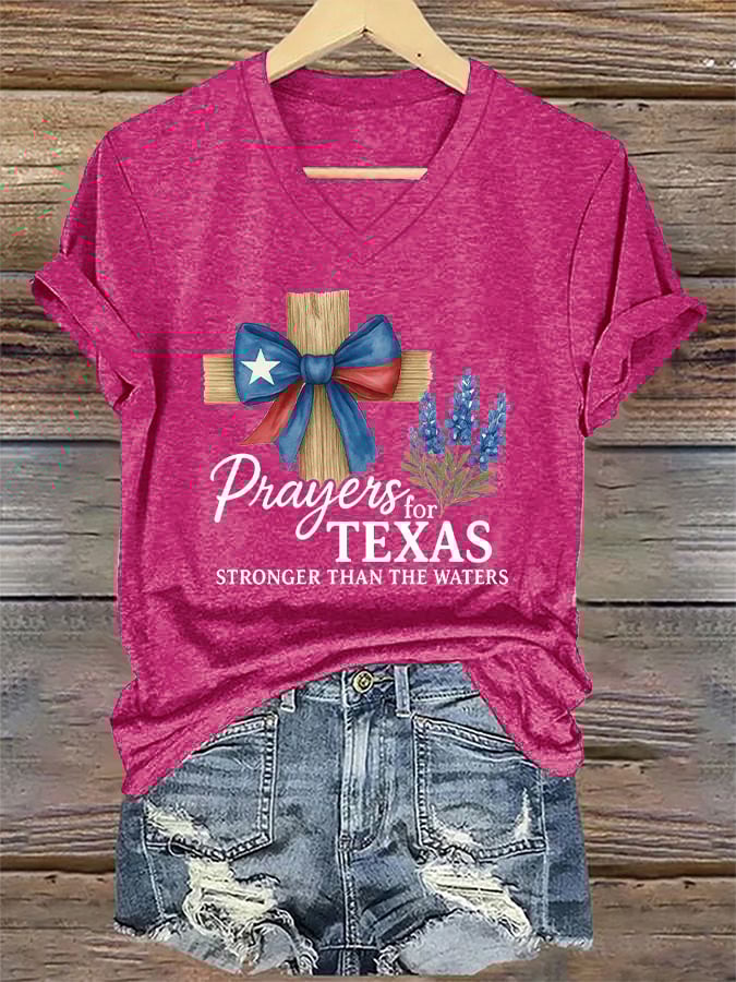 V-Neck Retro Texas Strong Prayers For Texas Stronger Than The Waters Print T-Shirt