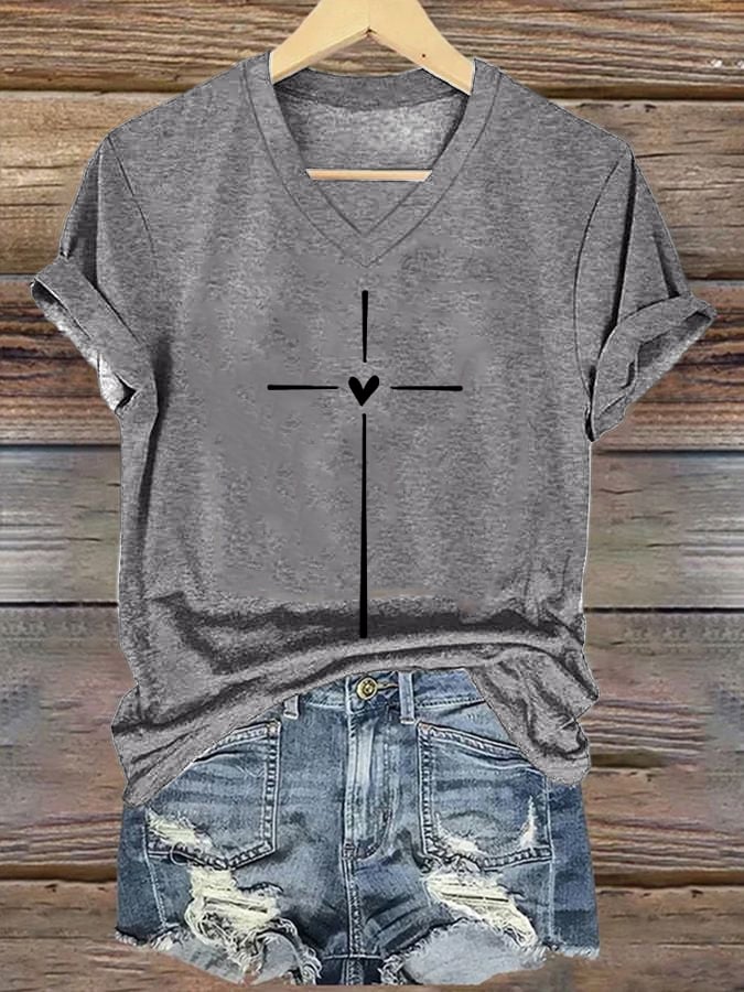 Women's Christian Faith Cross Printed V-Neck Short Sleeve T-Shirt