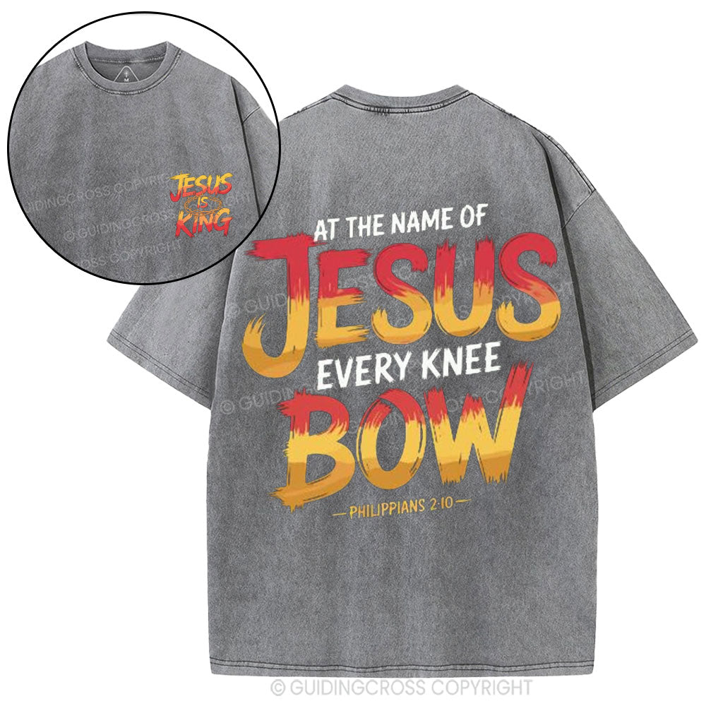 At The Name Of Jesus Every Kness Bow Christian Washed T-Shirt