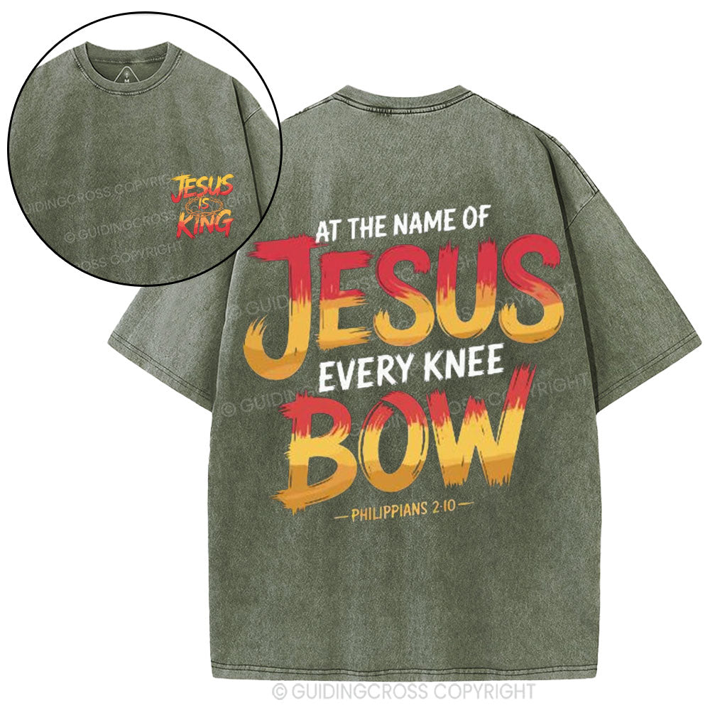 At The Name Of Jesus Every Kness Bow Christian Washed T-Shirt