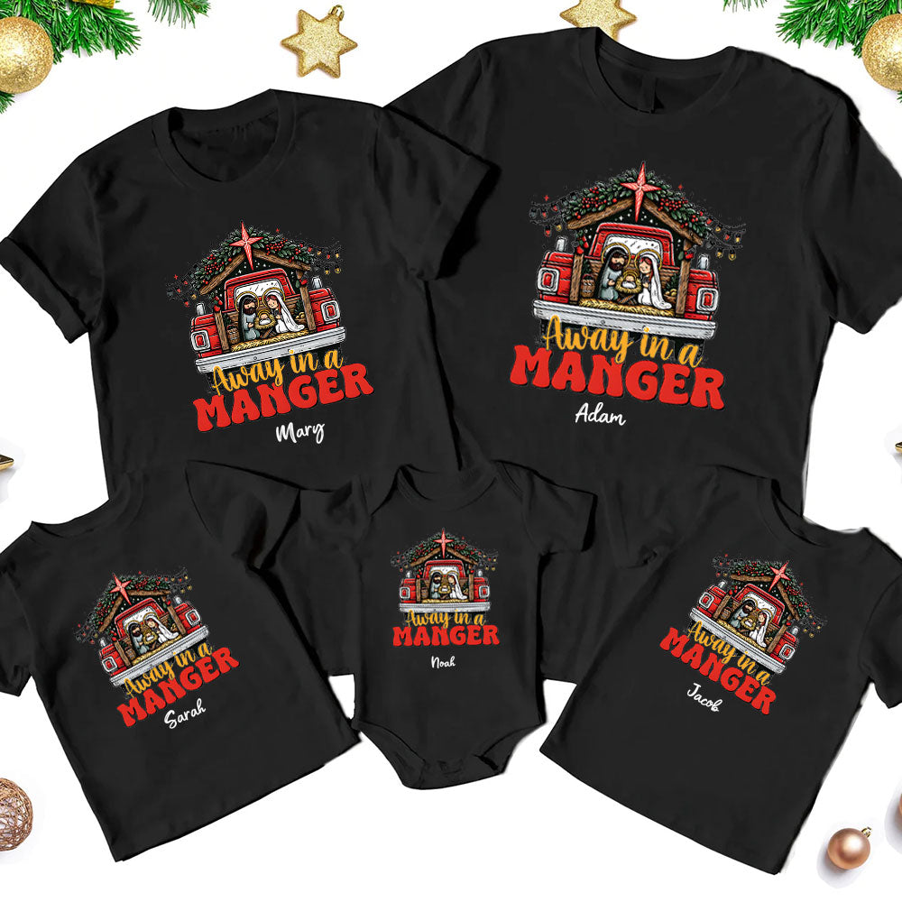Personalized Away In A Manger Christmas Family Matching Shirts