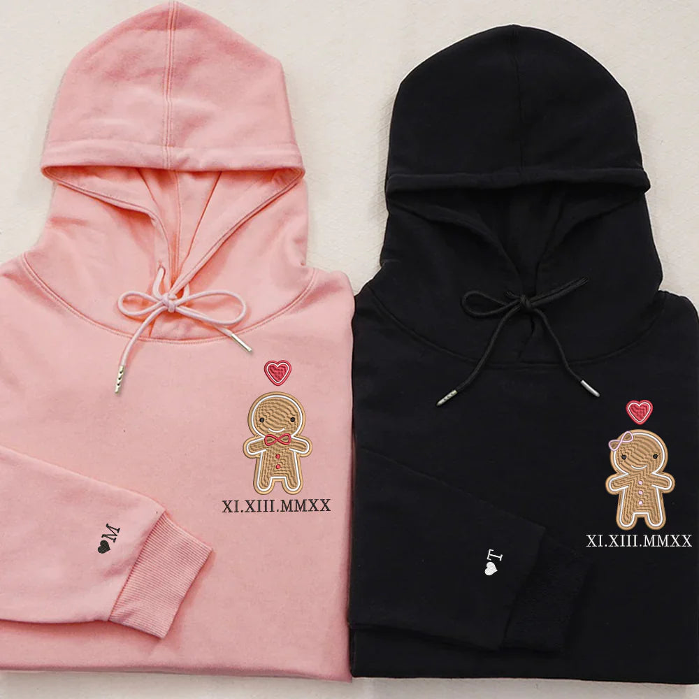 Custom Embroidered Cookie Cute Gingerbread Christmas Roman Numeral Date Hoodies For Couples | Couple Christmas Gift