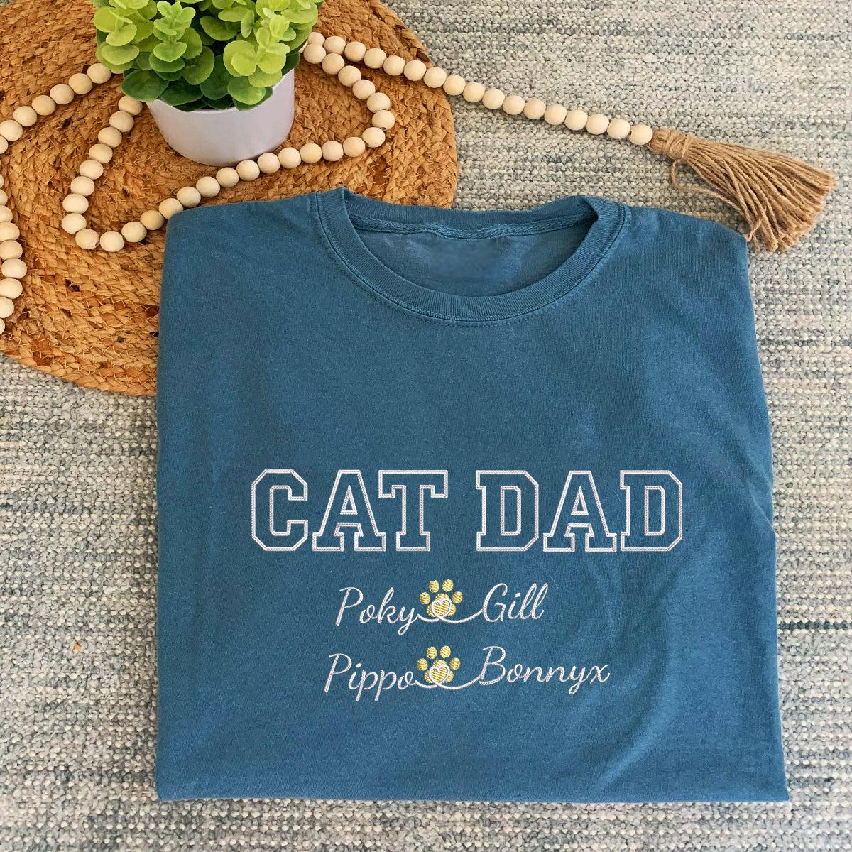 Custom Cat Dad with Names Embroidered T-Shirt | Gift For Pet Lovers