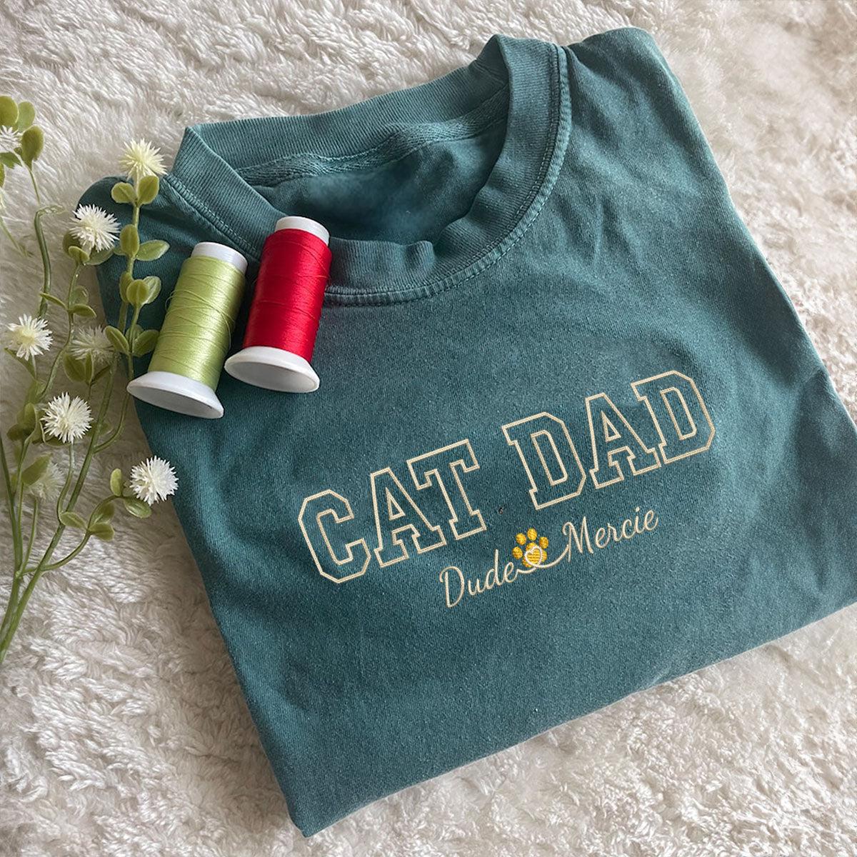 Custom Cat Dad with Names Embroidered T-Shirt | Gift For Pet Lovers
