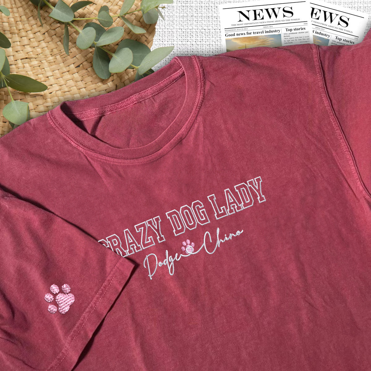Custom Crazy Dog Lady With Names Embroidered T-Shirt | Gift For Pet Lovers