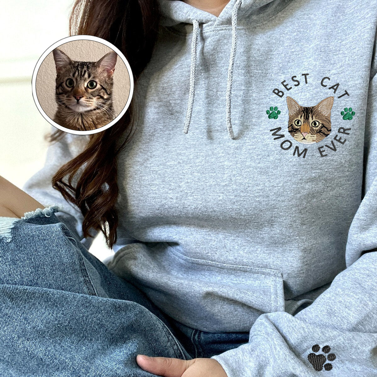 Custom Full-Color Best Cat Mom Ever Embroidered Hoodie | Gift For Pet Lovers