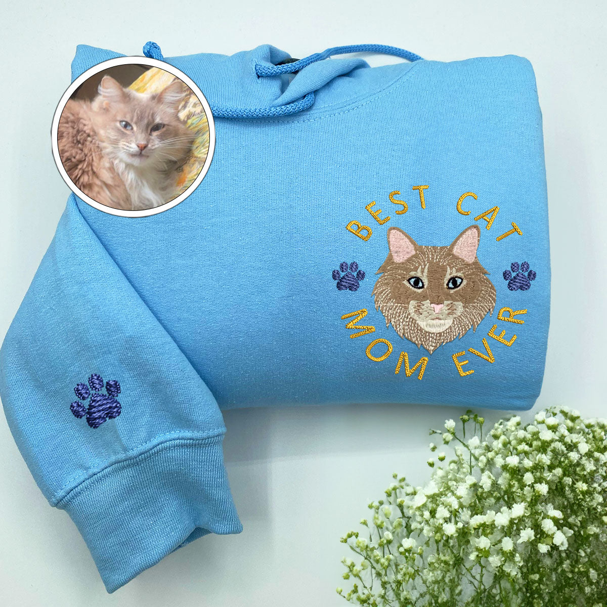 Custom Full-Color Best Cat Mom Ever Embroidered Hoodie | Gift For Pet Lovers