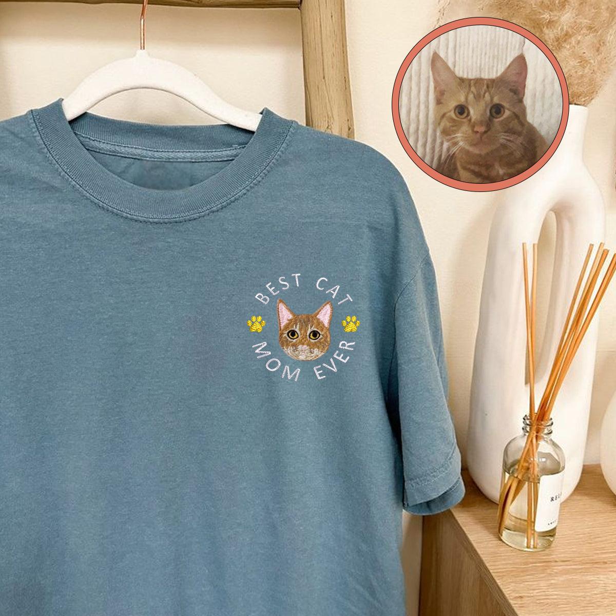 Custom Full-Color Best Cat Mom Ever Embroidered T-Shirt | Gift For Pet Lovers