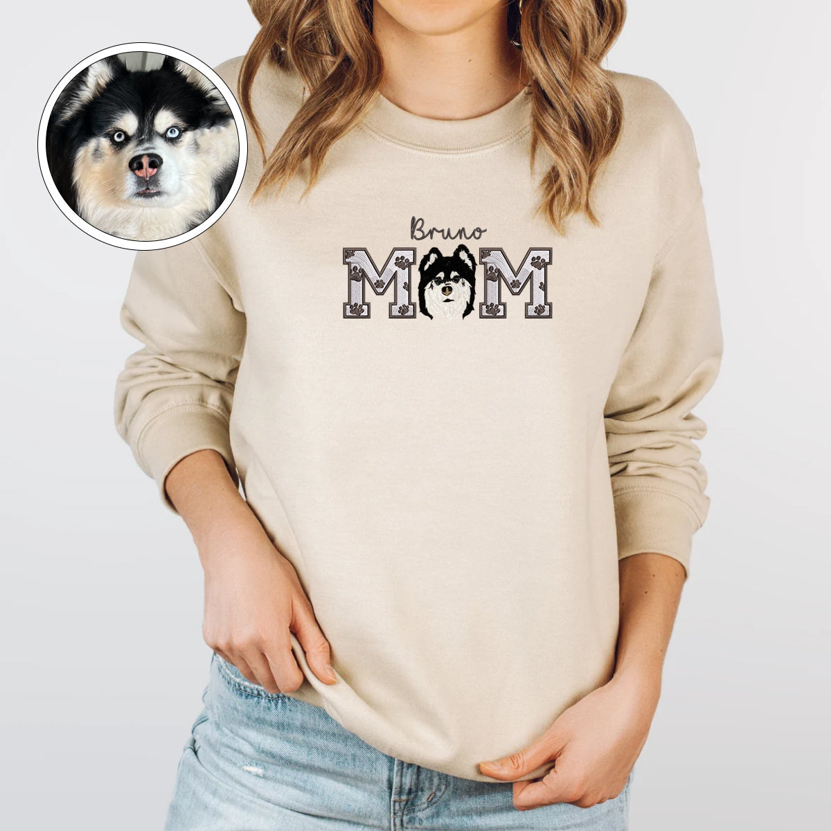 Custom Full-Color Dog Mom With Name Embroidered Sweatshirt | Gift For Pet Lovers