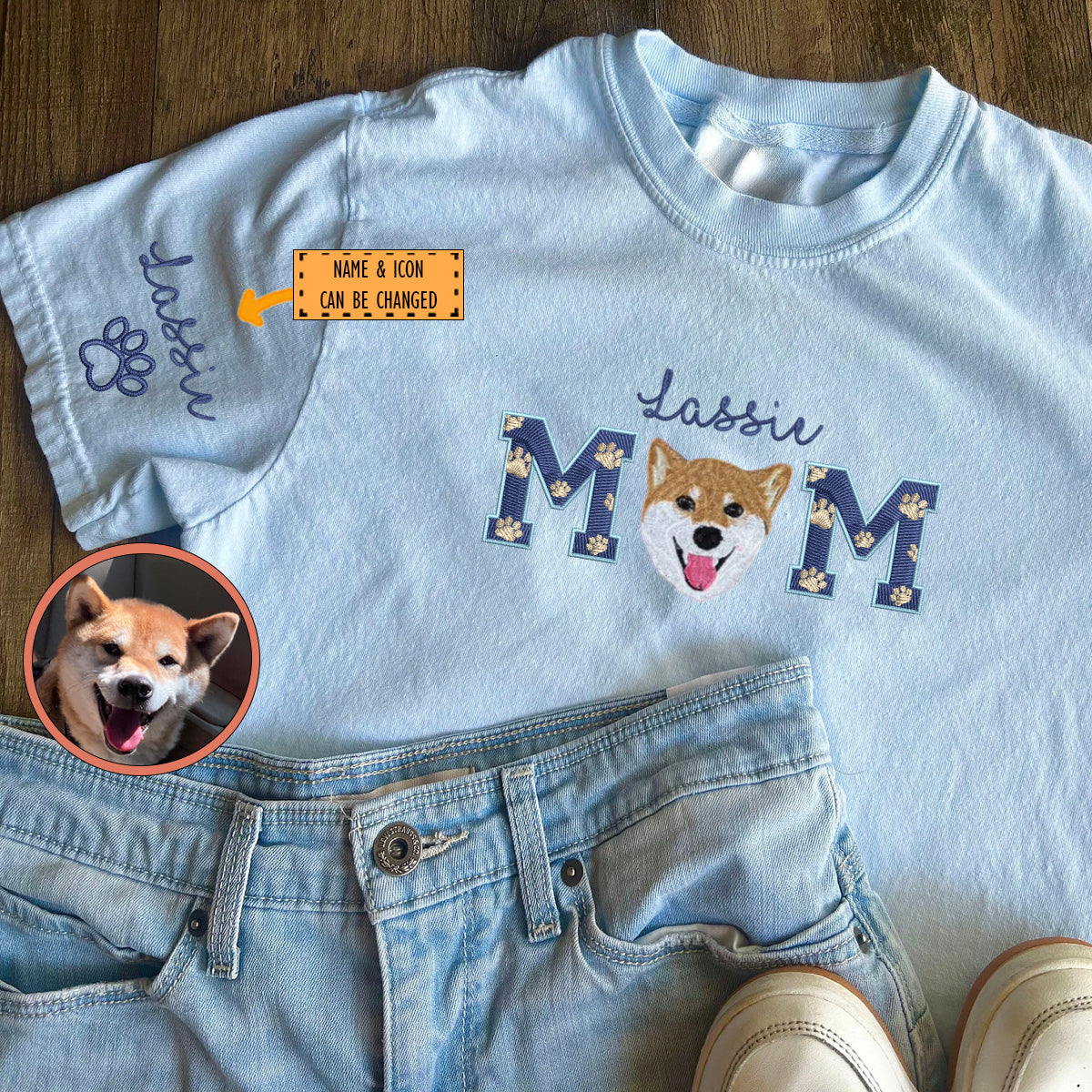 Custom Full-Color Dog Mom With Name Embroidered T-Shirt | Gift For Pet Lovers