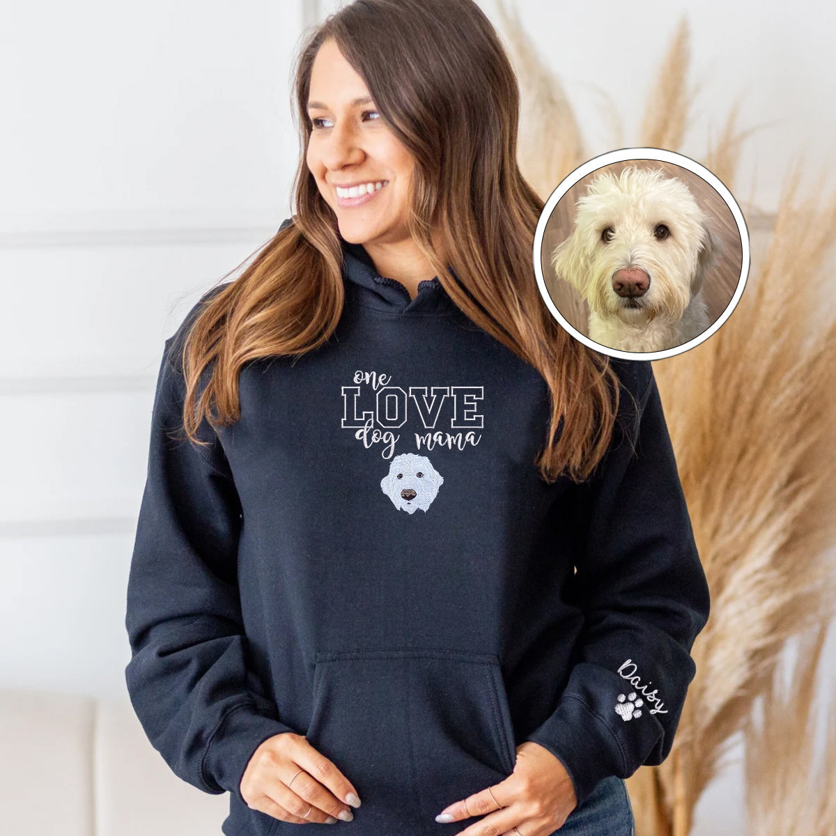 Custom Full-Color One Love Dog Mama Embroidered Hoodie | Gift For Pet Lovers