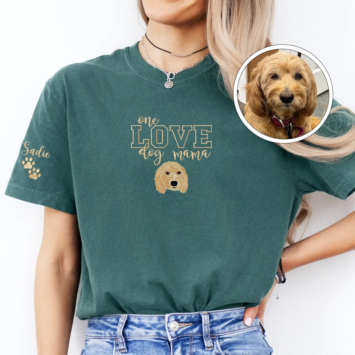 Custom Full-Color One Love Dog Mama Embroidered T-Shirt | Gift For Pet Lovers