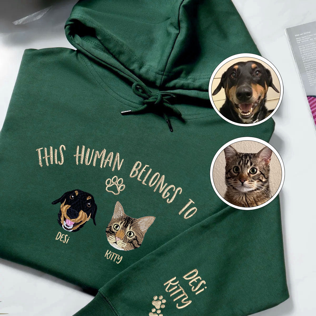 Custom Full-Color This Human Belongs To Embroidered Hoodie | Gift For Pet Lovers