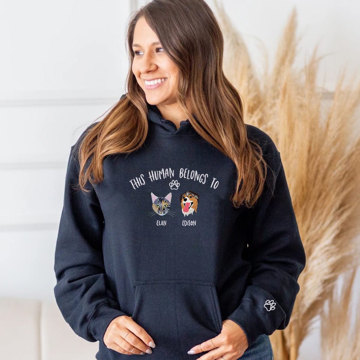 Custom Full-Color This Human Belongs To Embroidered Hoodie | Gift For Pet Lovers