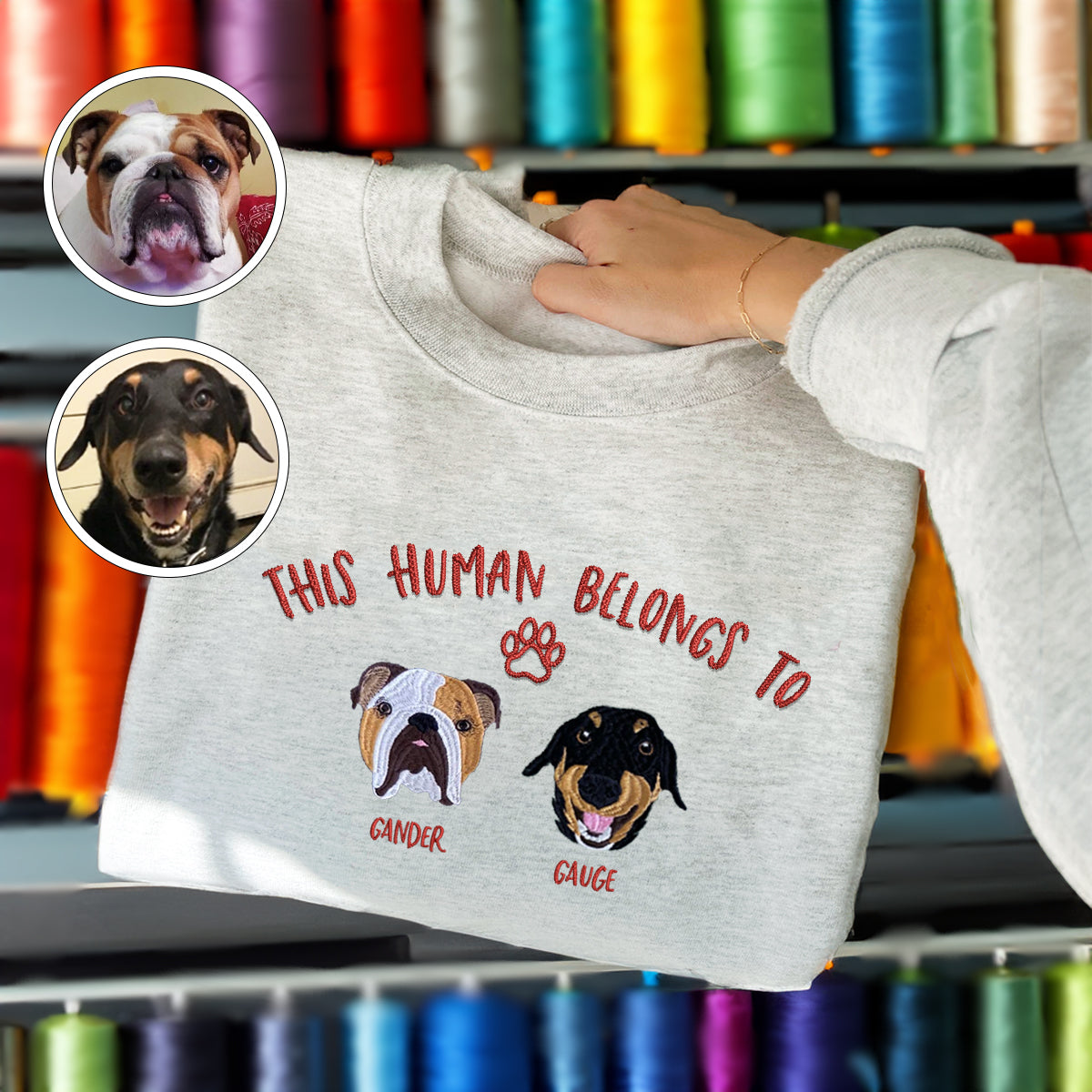 Custom Full-Color This Human Belongs To Embroidered Sweatshirt | Gift For Pet Lovers
