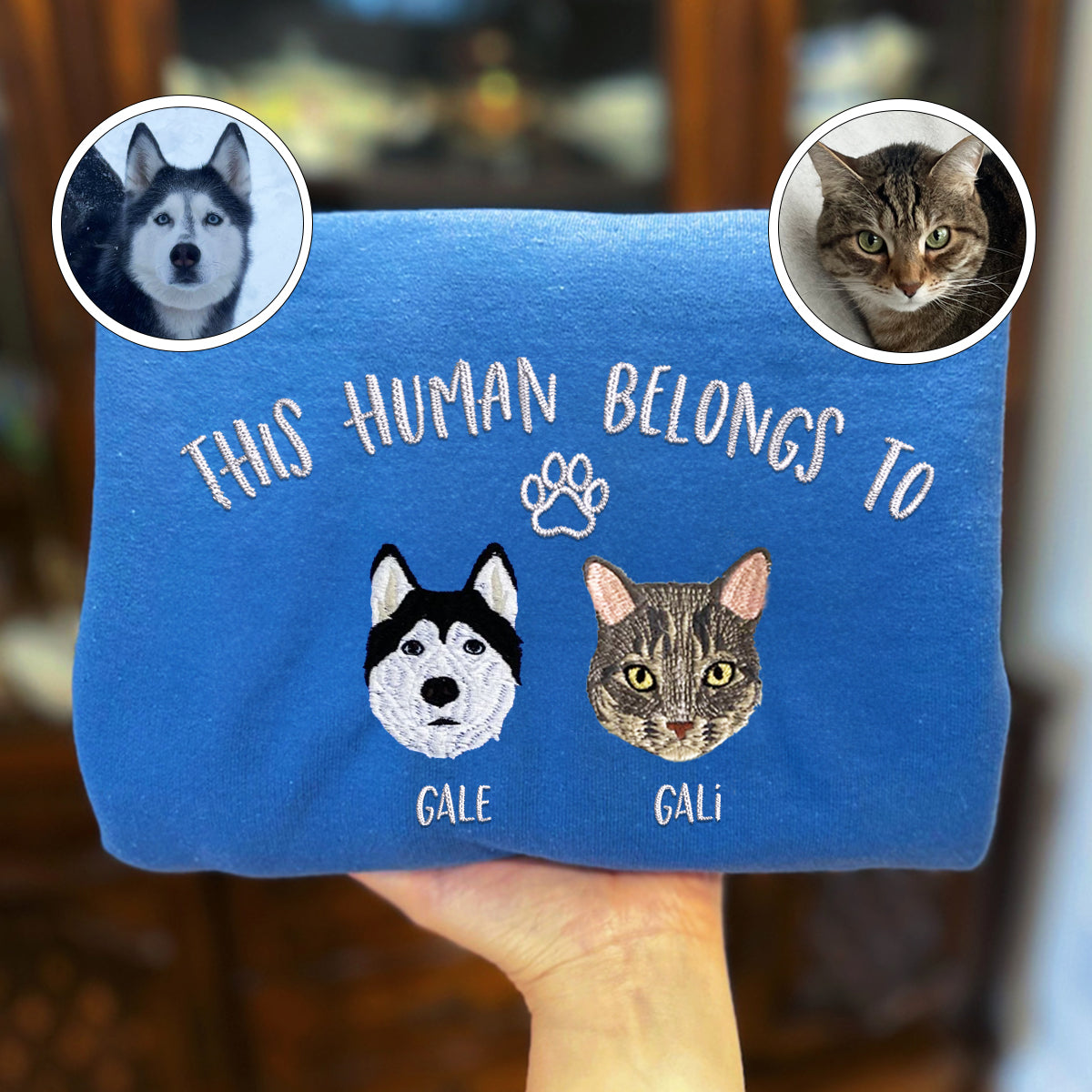Custom Full-Color This Human Belongs To Embroidered Sweatshirt | Gift For Pet Lovers