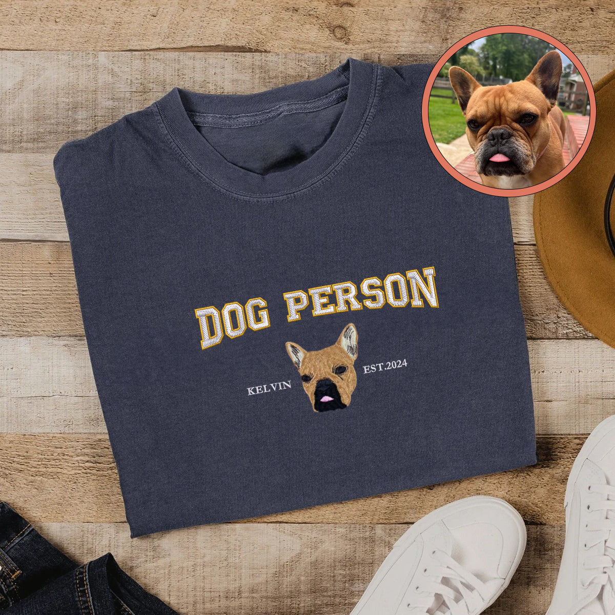 Custom Full-Color Varsity Dog Person Embroidered T-Shirt | Gift For Pet Lovers