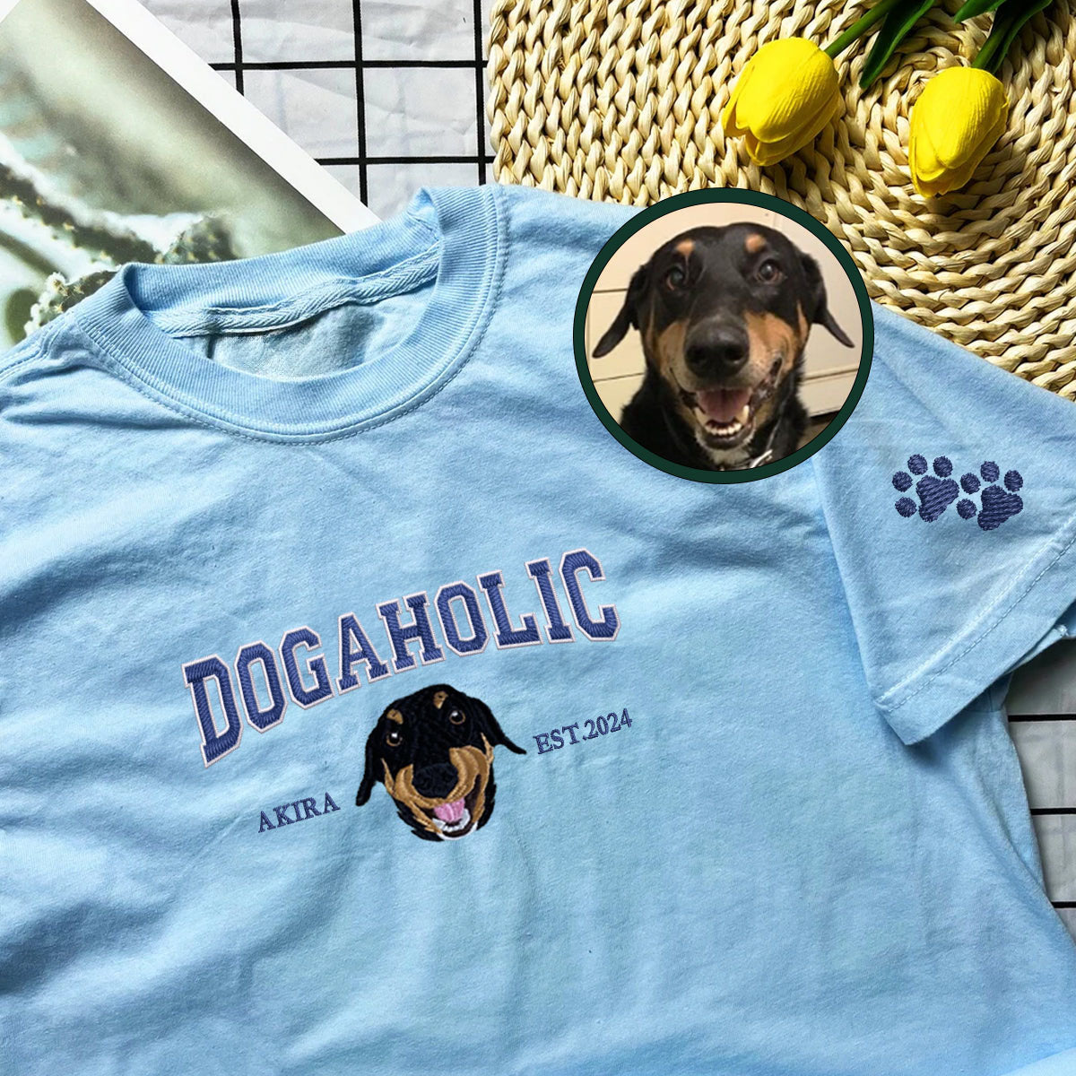 Custom Full-Color Varsity Dogaholic Embroidered T-Shirt | Gift For Pet Lovers