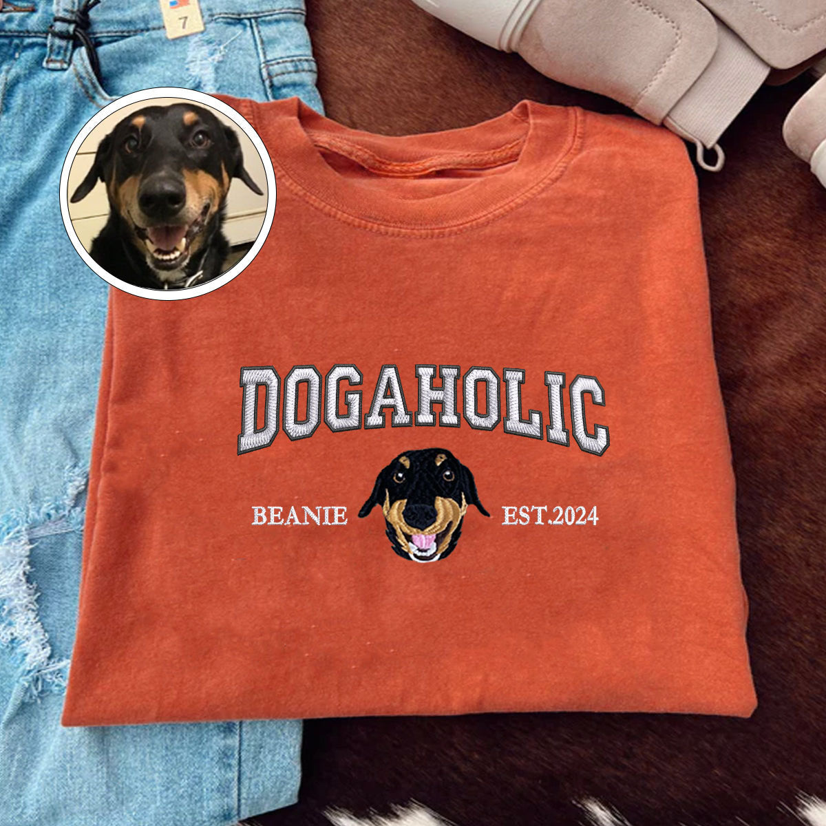 Custom Full-Color Varsity Dogaholic Embroidered T-Shirt | Gift For Pet Lovers
