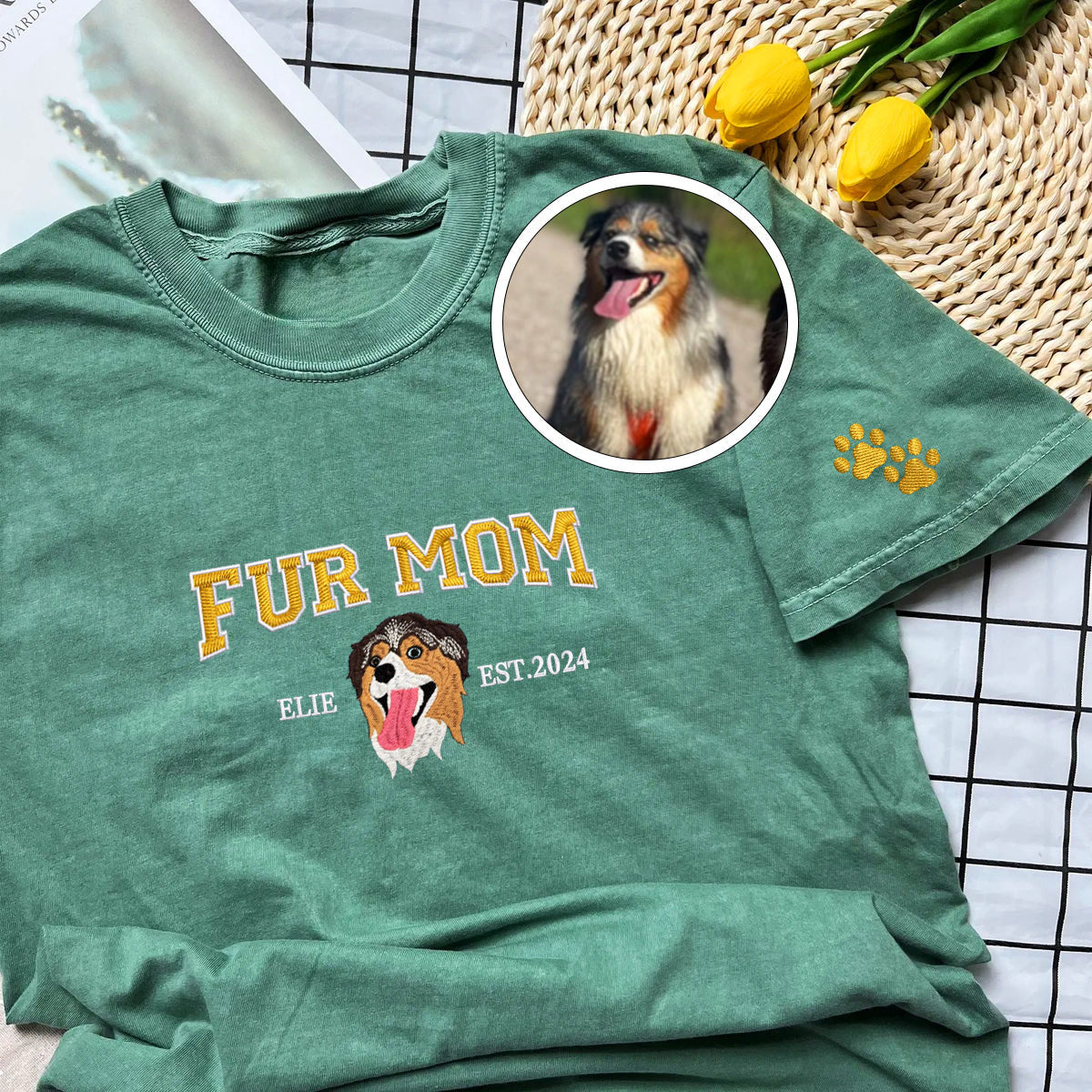 Custom Full-Color Varsity Fur Mom Embroidered T-Shirt | Gift For Pet Lovers