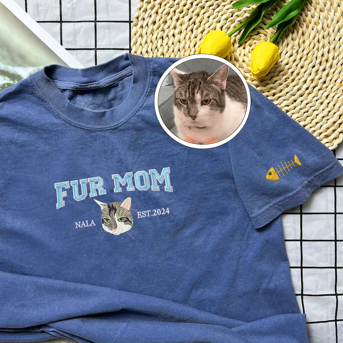 Custom Full-Color Varsity Fur Mom Embroidered T-Shirt | Gift For Pet Lovers