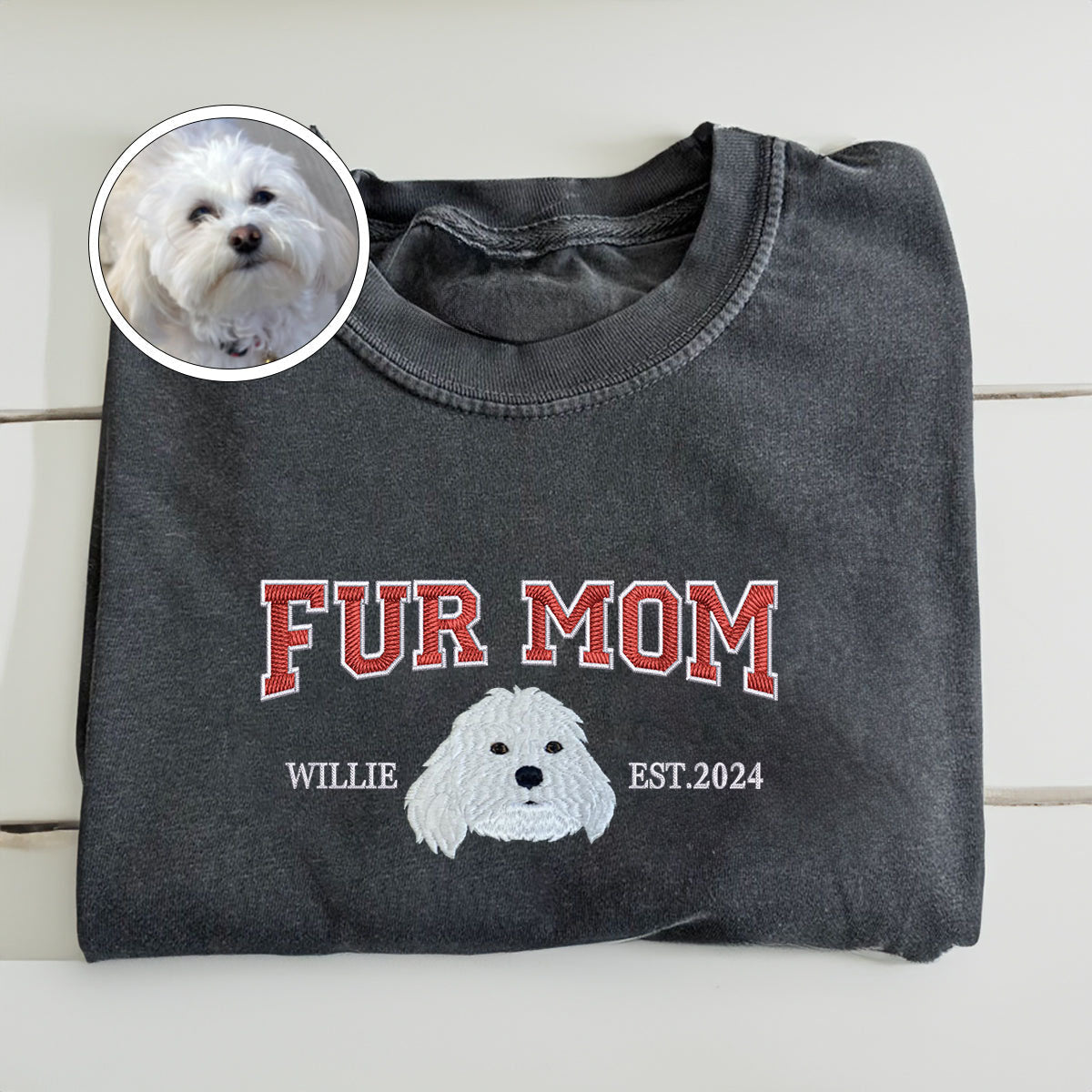 Custom Full-Color Varsity Fur Mom Embroidered T-Shirt | Gift For Pet Lovers