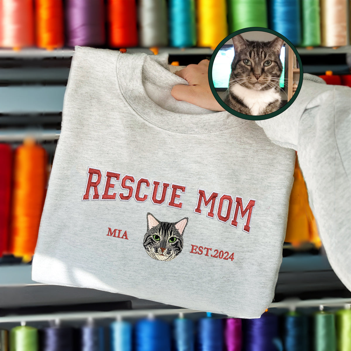Custom Full-Color Varsity Rescue Mom Embroidered Sweatshirt | Gift For Pet Lovers