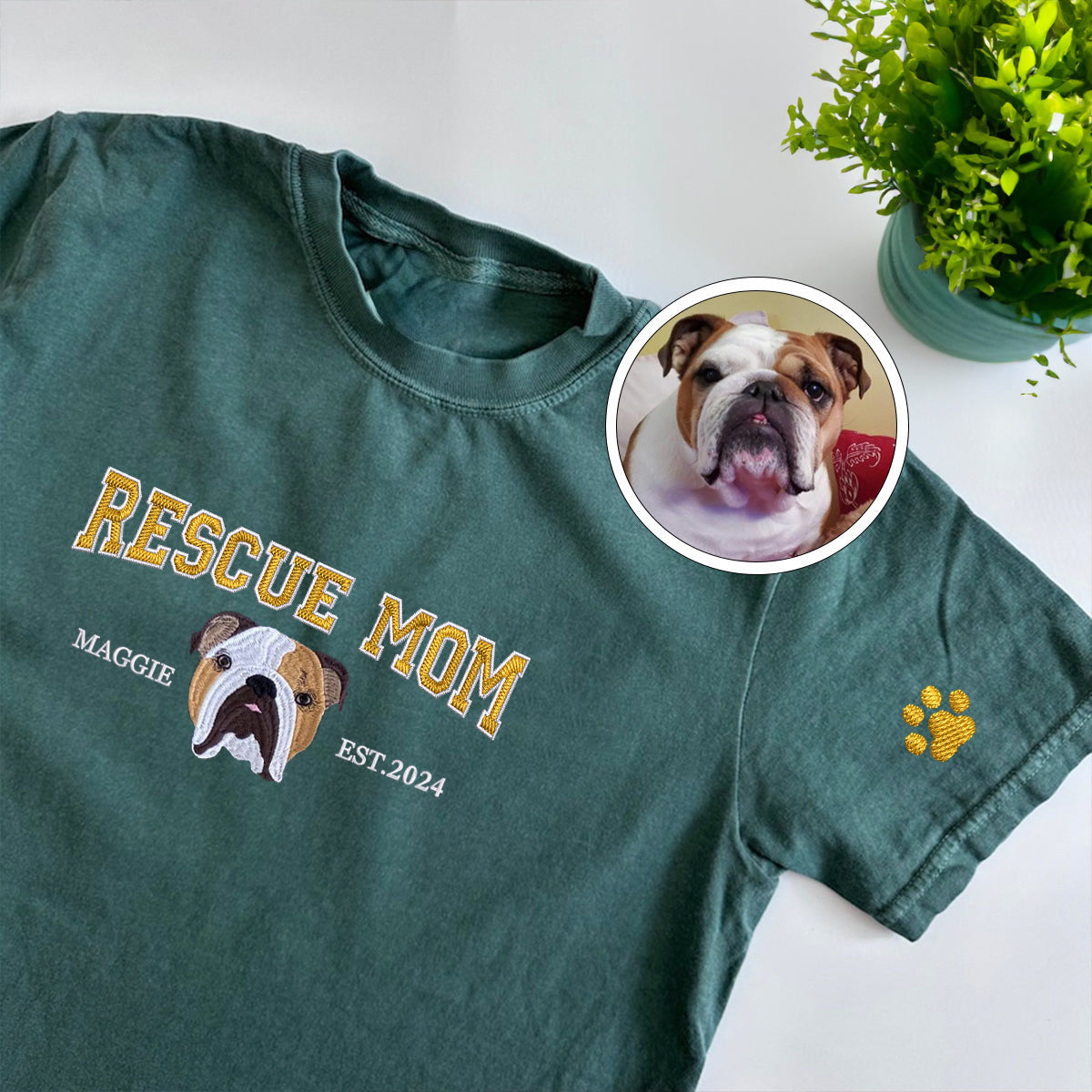 Custom Full-Color Varsity Rescue Mom Embroidered T-Shirt | Gift For Pet Lovers
