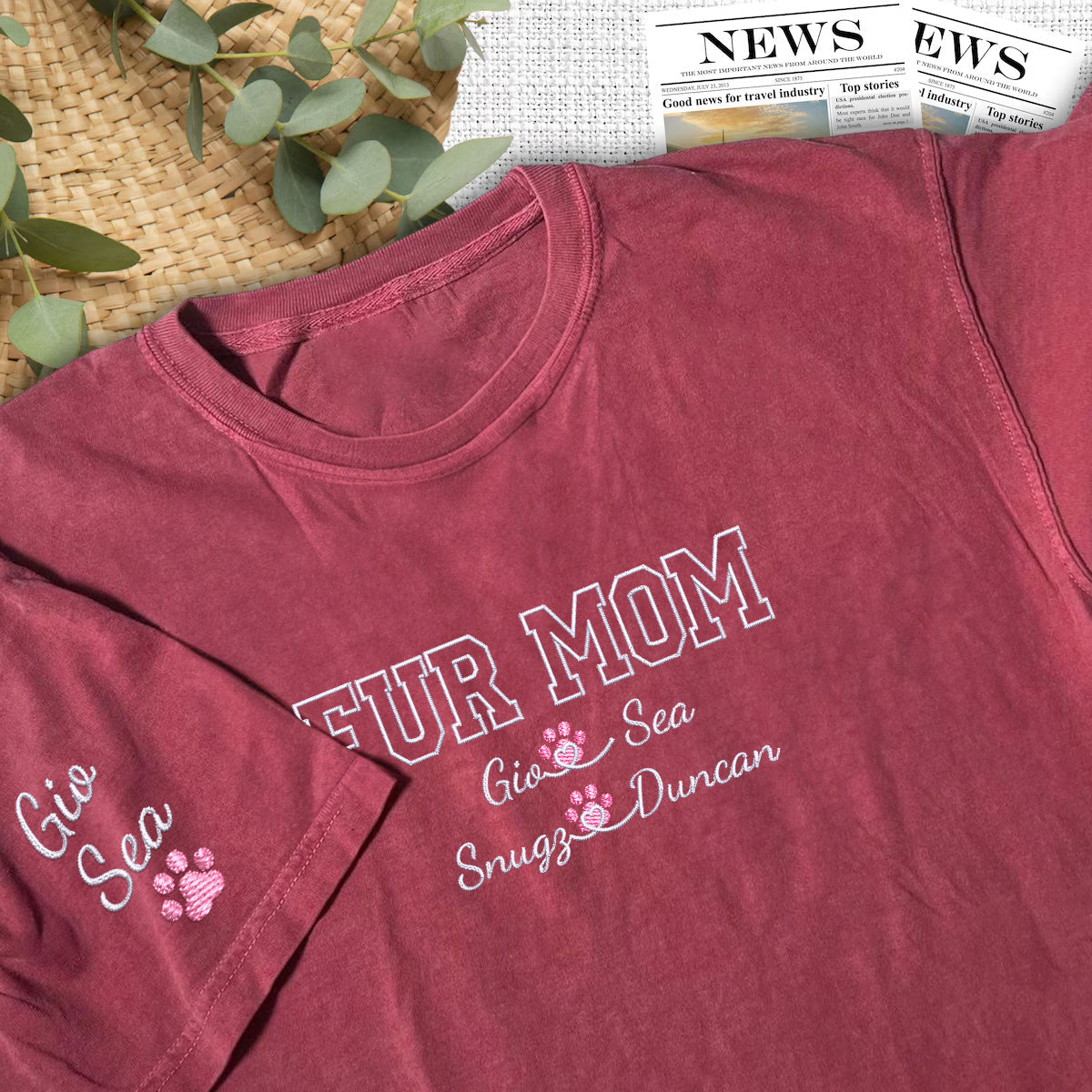 Custom Fur Mom With Names Embroidered T-Shirt | Gift For Pet Lovers