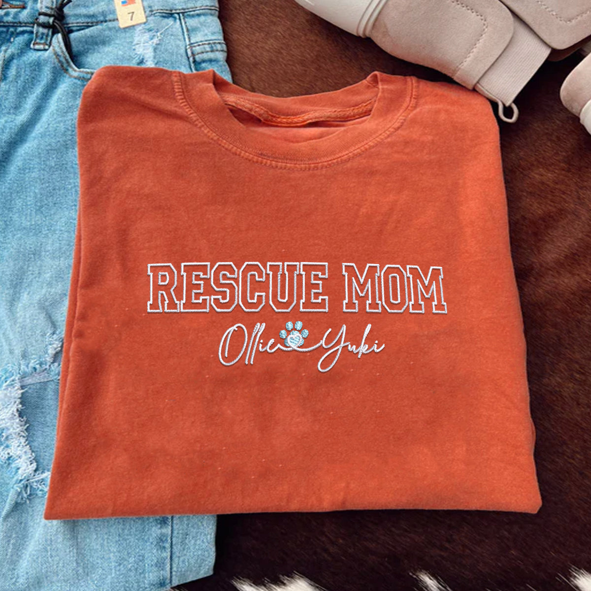 Custom Rescue Mom With Names Embroidered T-Shirt | Gift For Pet Lovers