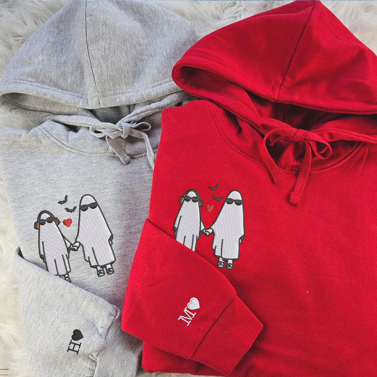 Custom Embroidered Halloween Matching Couple Ghost Hoodies
