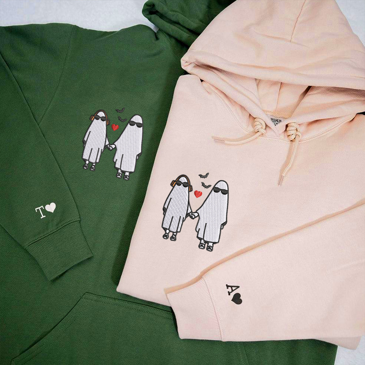 Custom Embroidered Halloween Matching Couple Ghost Hoodies
