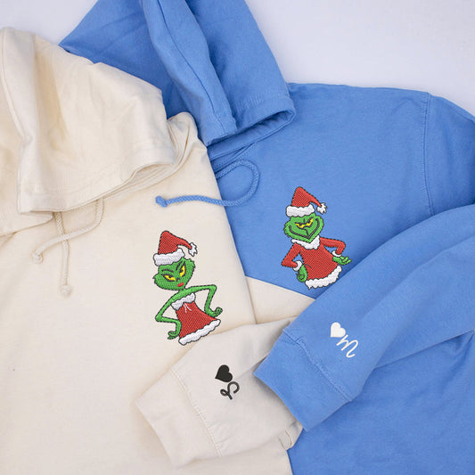 Custom Embroidered Hoodies For Couples, Cute Green Christmas Cartoon Couples Embroidered Hoodie
