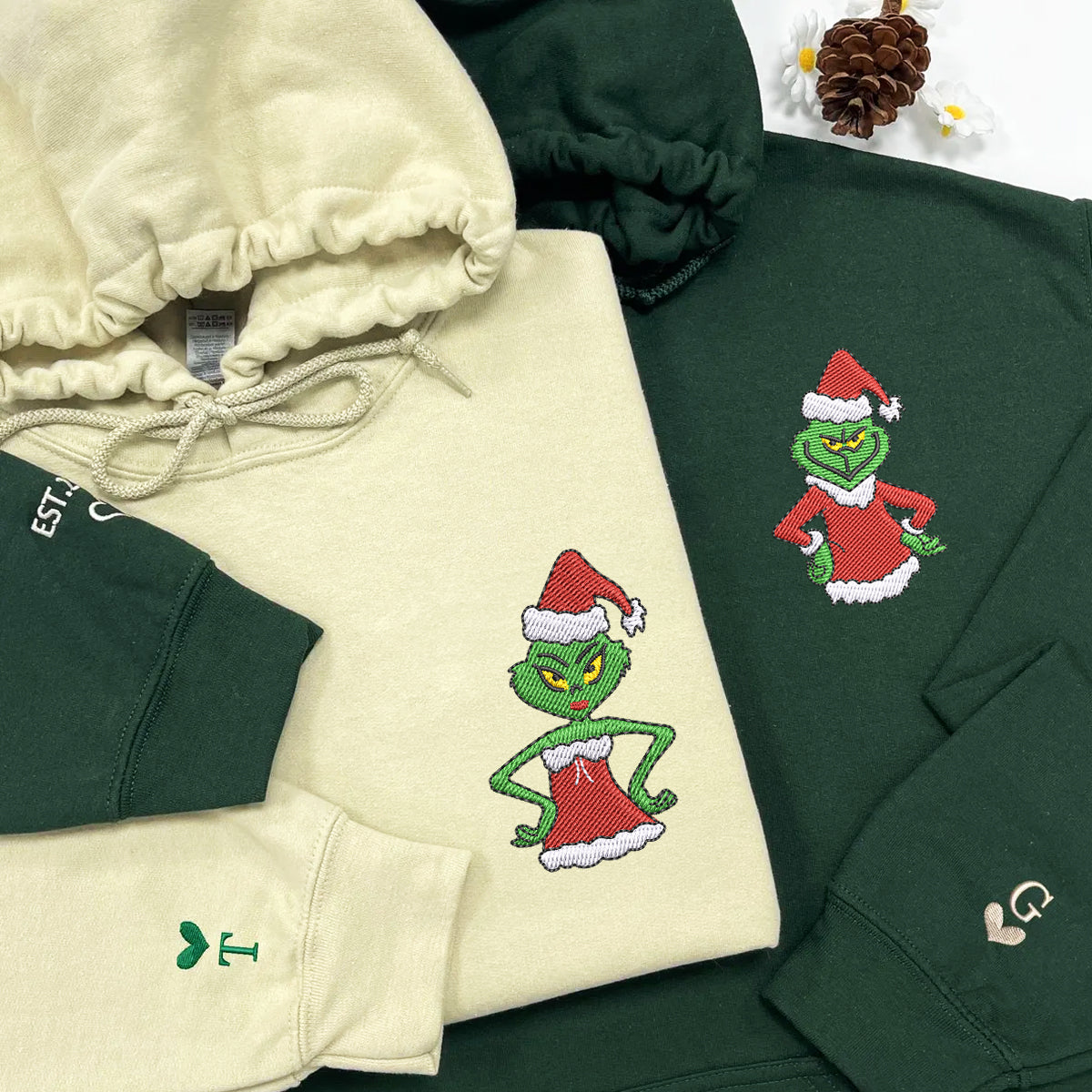 Custom Embroidered Hoodies For Couples, Cute Green Christmas Cartoon Couples Embroidered Hoodie